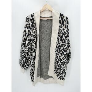 LOFT Sweater Women SMALL Cream Leopard Print Open Knit Wool Blend Cardigan